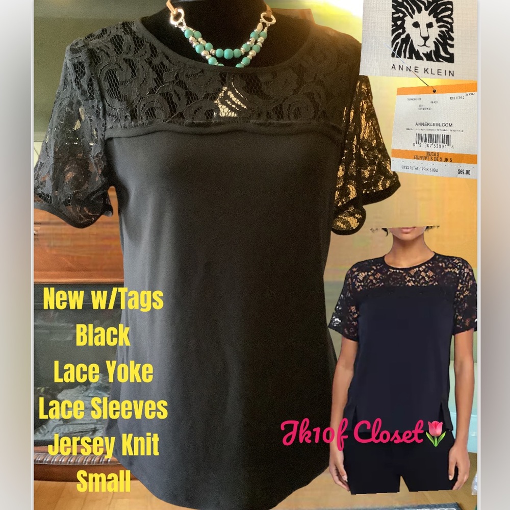 LOWEST🌺 NWT ANNE KLEIN SMALL BLACK w/LACE SLEEVES DRESSY TOP